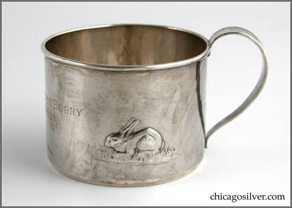 Kalo cup, child's cylindrical, with looping strap handle and applied wire to rim, repoussé rabbit and engraved "GERTRUDE GROVER BURRY / APRIL 26TH 1920" on side