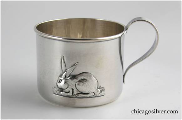 Kalo cup, child's cylindrical, with looping strap handle and applied wire to rim, repoussé rabbit on side