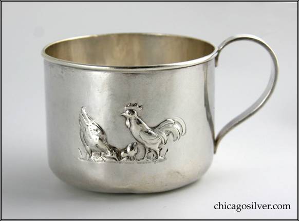 Kalo cup, child's cylindrical, with round bottom, looping strap handle and applied wire to rim, repouss rooster and chickens on side, engraved "James Colvin Causey / Jan. 25, 1918." on bottom