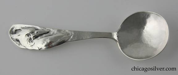 Rare Rokesley spoon with round bowl and repouss bird's head on pierced handle.  5-1/4" L and 1-11/16" W.  Marked: ROKESLEY / STERLING

