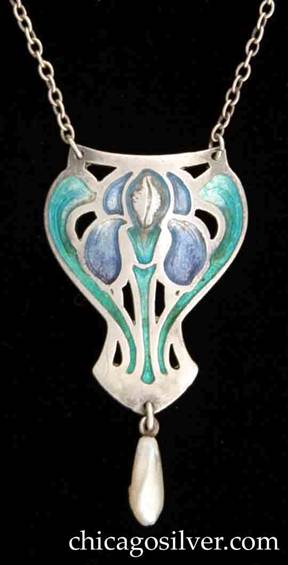 Rokesley pendant, enameled, with pearl drop, on chain with barrel clasp.  Curving shield form with slightly concave top, and sides that bulge out at the top, then taper downward, and finally flare a bit at the bottom and then come to a point.  Elongated pearl drop descends from point.  Pendant has saw-pierced details and green and purple enamel in the form of an orchid or iris.