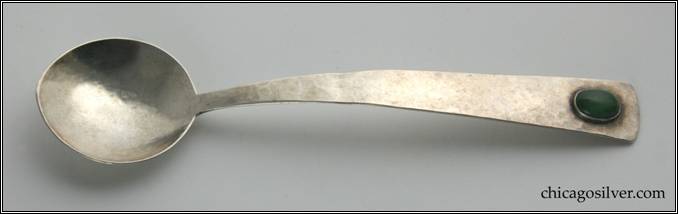 Kalo spoon, with round bowl and bezel-set green onyx cabochon stone at end of handle.  Very early.  Unusual method of joining bowl to handle.  7" L and 1-3/16" W.  Marked KALO STERLING