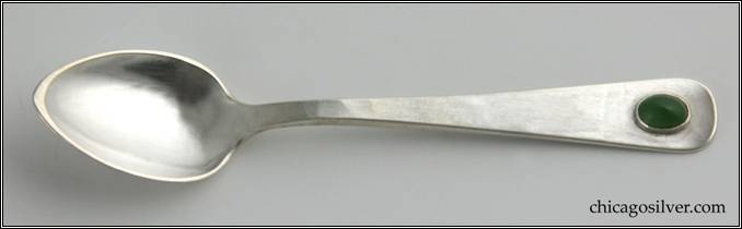 Kalo spoon, small, with oval green bezel-set chrysoprase stone at end of rounded handle.  Hammered surfaces.  Very delicate and lovely.  4-1/4" L and 7/8" W.  Marked:  STERLING KALO 6953