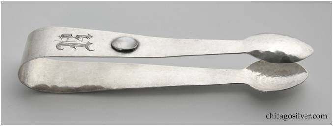 Kalo tongs, sugar, thin gauge, with engraved "R" and bezel-set moonstone cabochon on side.  Nicely hammered.  3/4" W and 5-7/8" L.  Marked:  KALO / STERLING