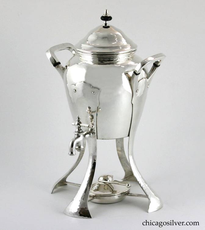 Kalo samovar / urn, massive, silver-plated copper, with four splayed strap legs, two rounded square hollow handles with ebony insulators, and spout with spigot.  