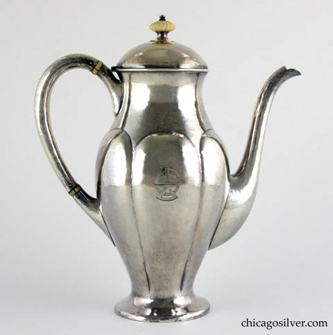 Kalo coffee pot, tall, with looping hollow handle, ribbed design, ivory finial, self foot, engraved "SL" mono on side.  8-1/2" H and 7-3/8" W.  Marked:  STERLING / HAND WROUGHT / AT / THE KALO SHOP / P 771 S