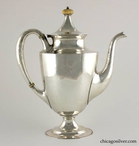 Kalo coffee pot, colonial form with looping hollow handles and curving spout.  Ivory insulators and turned finial.  Engraved "H" mono.  9-1/2" W and 11" H.  Marked:  STERLING / HAND WROUGHT / AT / THE KALO SHOP / G 274 L / 2 1/2 PINTS