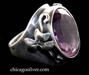 Art Silver Shop ring, with large amethyst surrounded by flowers on each side.  In blue SAS box with gold design on cover.