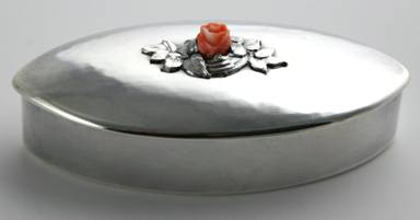 Kalo navette-form silver box with coral and applied leaf detail