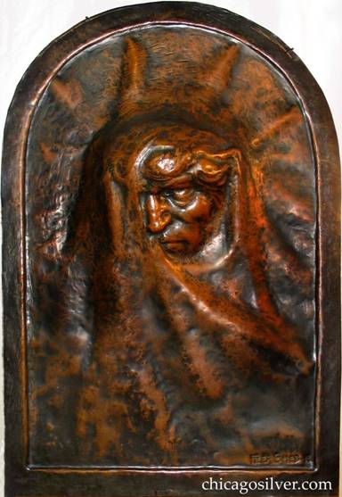 Large (16" W and 23" H and 3" deep) copper plaque entitled Conscience by Peer Smed.