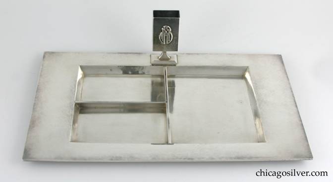 Kalo smokers' tray, rectangular with broad raised border and three interior partitions, raised match holder with applied JMS mono in interlocking style.  