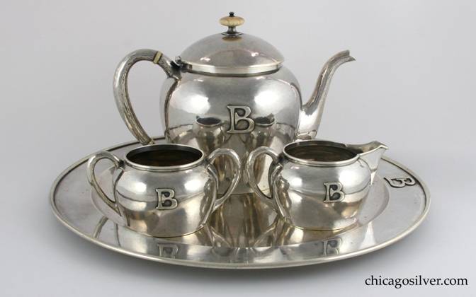Kalo tea set, three piece plus tray (4), consisting of tea pot, cream jug, sugar bowl, and tray.  