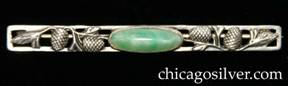 Brooch / pin, rectangular, with cutout rectangular frame and detailed applied chased and cutout pinecones, stems, and leaves centering an oval bezel-set milky mottled light green cabochon stone.