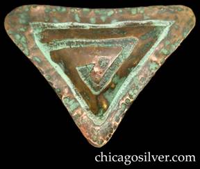 Pin, brass, triangular, with spiraling triangular line and wide border, concave body.  Very reminiscent of Frost or Forest Craft Guild.