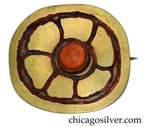 Brooch, brass, with acid-etched and oxidized abstract wagon-wheel design, centering round cabochon bezel-set red stone.