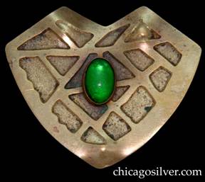 Pin, brass, heart-shaped with geometric acid-etched design centering oval green stone