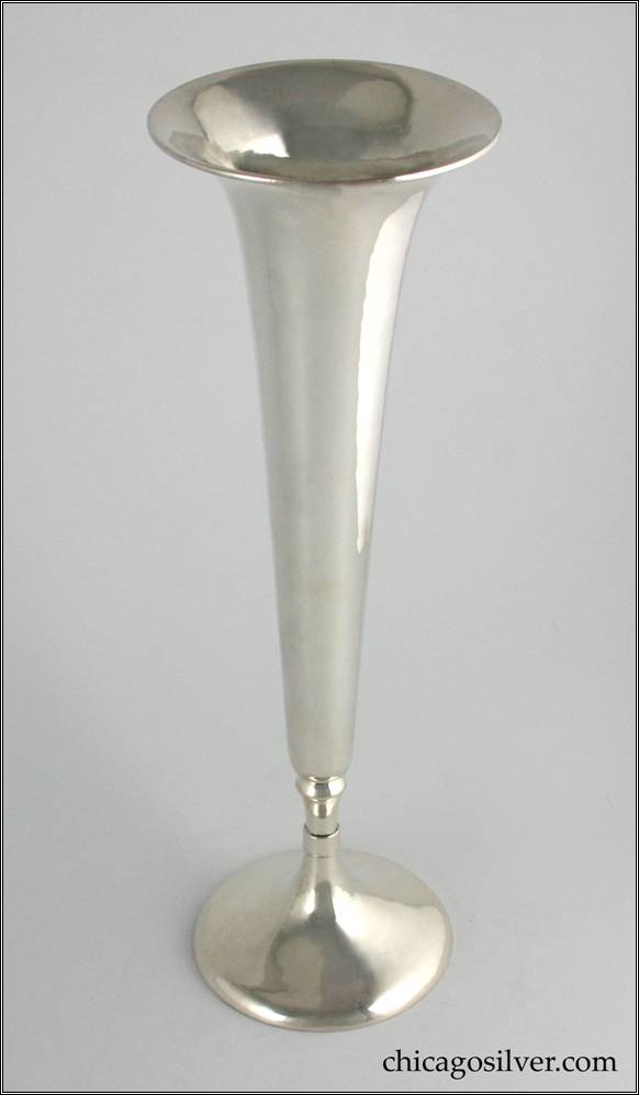 Kalo vase, large trumpet, broad circular base tapering to a slender trumpet form, flaring at rim.  Hammered surface.  Engraved "Christmas 1923 From Helen" on underside.  14-1/2" H and 4-1/2" W.  Marked:  STERLING / HANDWROUGHT / AT / THE KALO SHOP / K313ML