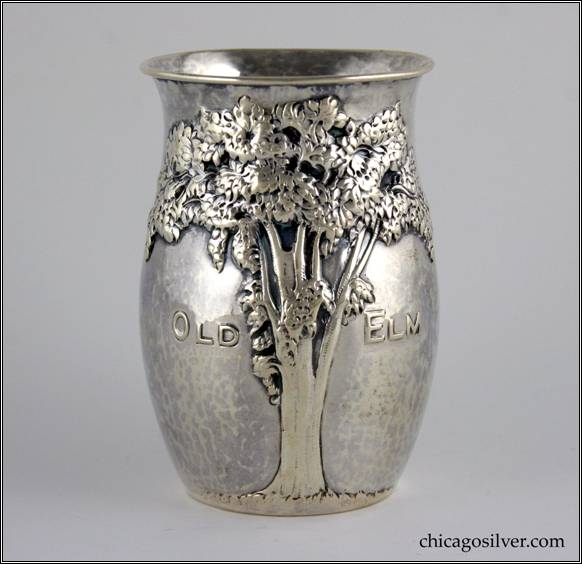 Kalo vase, commemorative, cup-form, round, with elaborate repousse tree and "Old Elm" chased into side.  Very nice work.  Hammered