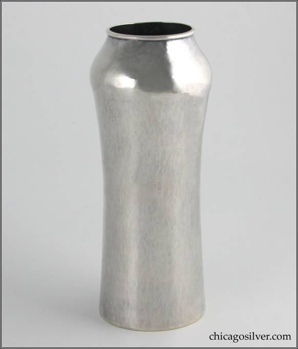 Kalo vase, small cylindrical with bulge then narrowing at top, applied wire rim.  Hammered surfaces.  6-1/2" H and 2-1/2" W.  Marked:  STERLING / HAND BEATEN / AT / KALO SHOPS / PARK RIDGE / ILLS. / STERLING